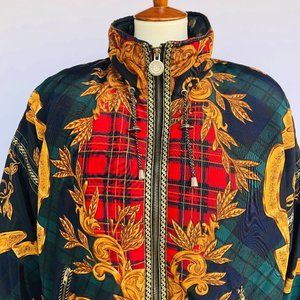 Vtg Gallery Down Puffer Jacket Coat Womens M Tartan Plaid Gold Braid Streetwear